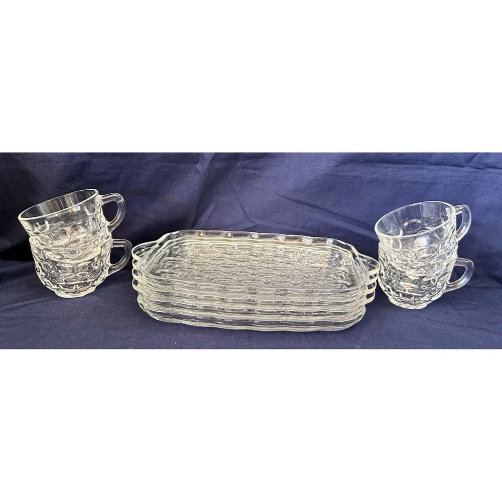 1950s Federal Glass Yorktown Thumbprint Set of 4,  8 total item Snack Plate Cup